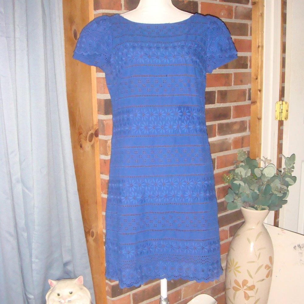 Jones New York Blue Eyelet Puff Cap Sleeve Dress 10